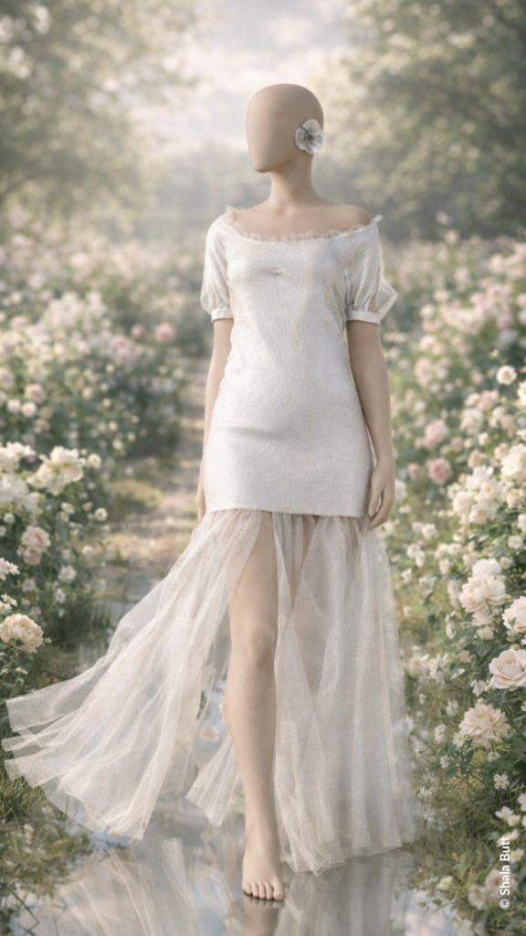 Digitales Fashion-Design mit minimalistischem Model in weißem Kleid – Beispiel für digitale Mode und kreative Konzepte. Design erstellt in CLO 3D, Hintergrund wurde mit Dall E bearbeitet